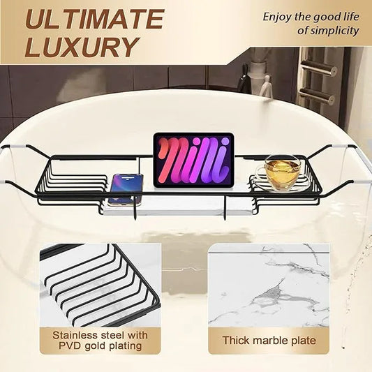 BVL Bathtub Tray Stainless Steel with Marble Base Matte Black Bathtub Tray with White Marble Base Adjustable & Rustproof Bath Caddy for Spa, Relaxation, Bath Bombs - ModernBath
