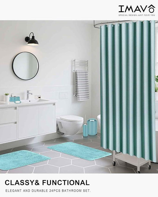 IMAVO Blue Bathroom Accessories,Non Slip Absorbent Bathroom Rugs and Waterproof Shower Curtain with Hooks,Complete Bathroom Set for Bathroom Décor - ModernBath