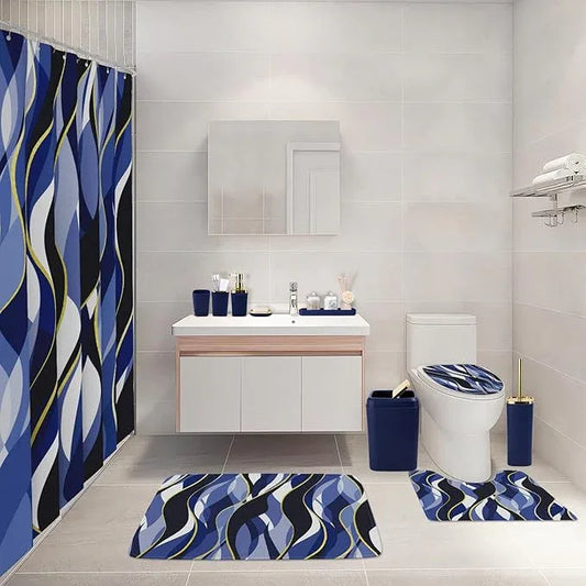 XLHOMO Bathroom Set - Blue and Gold Bathroom Accessories, Bathroom Sets with Shower Curtain and Rugs, Navy Blue Shower Curtain Set with Bathroom Trash Can, Soap Dispenser, Soap Dish for Home Decor - ModernBath