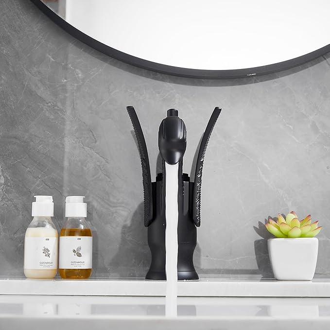 GGStudy Bathroom Faucet Matte Black Swan Single Handle 1 Hole Bathroom Vanity Faucet Basin Tap Deck Mount Lavatory - ModernBath