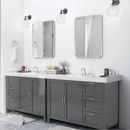 Minuover Silver Framed Bathroom Mirror, Brushed Nickel Rounded Corner Rectangle Wall Mirror, Tempered Glass, Shatter Proof, Anti-Rust, Hangs Horizontally or Vertically (24" x 32", Silver) - ModernBath