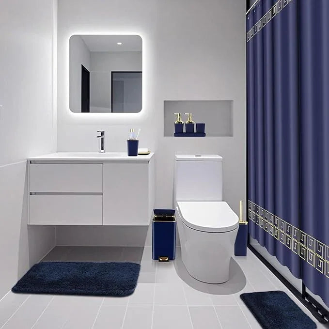 XLHOMO Bathroom Sets with Shower Curtain and Rugs Bathroom Accessories Set Navy Blue Bathroom Set,Soap Dispenser & Toilet Brush Holder Set with Stainless Steel Trash Can - ModernBath
