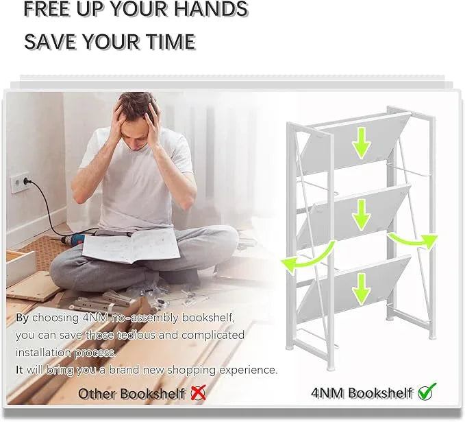 4NM No Assembly Folding Bookshelf Storage Shelves 3 Tiers Vintage Bookcase Standing Racks Study Organizer Home Office (All White) - ModernBath