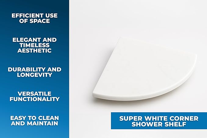 9 Inch Super White Engineered Marble Corner Shower Shelf Bathroom Caddy, Wall Mounted Shower Shelf, Classic Flatback Design (1)