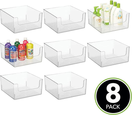 mDesign Plastic Modern Wide Open Front Dip Storage Organizer Bin Basket for Household Organization - Shelves, Cubby, Cabinet, and Closet Organizing Decor - Ligne Collection - 8 Pack - Clear