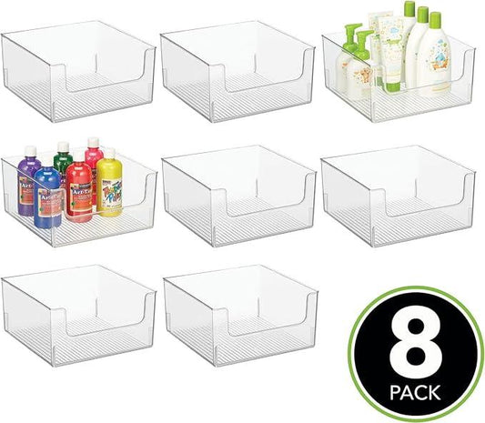 mDesign Plastic Modern Wide Open Front Dip Storage Organizer Bin Basket for Household Organization - Shelves, Cubby, Cabinet, and Closet Organizing Decor - Ligne Collection - 8 Pack - Clear - ModernBath