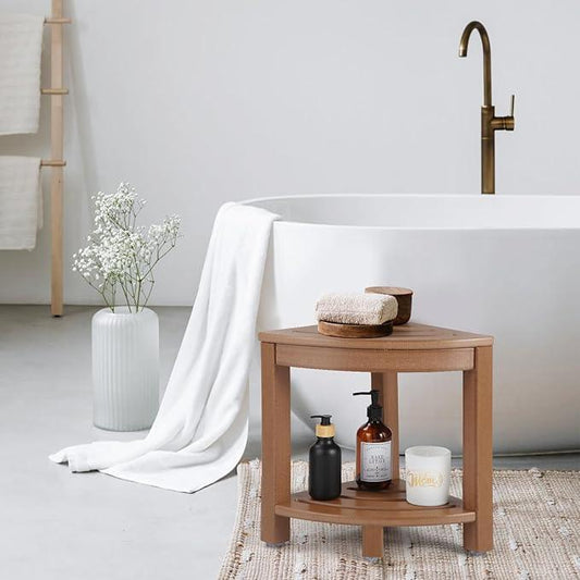 Apolimi HDPE Corner Shower Stool,Shower Bench Seat with Storage Shelf for Shaving Legs Plastic Spa Bath Step Foot Rest for Bathroom Small Place (Teak) - ModernBath
