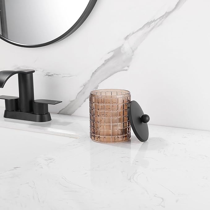 Indecor Home Amber Colored Tranlucent Apothecary Etched Geometric Grid Glass Jar W/Matte Black Metal Lid for Bathroom Organization, Cotton Balls, Q Tips, and Small Accessories, Bathroom Storage