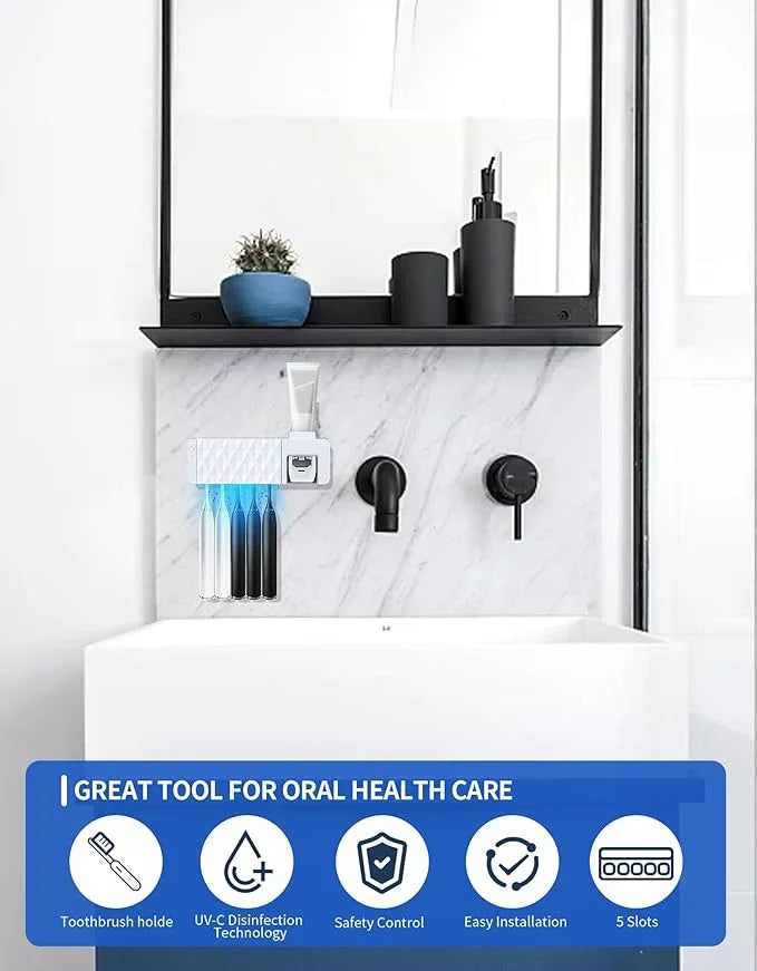 Toothbrush Holders for Bathrooms White Tooth Brush Holder with Toothpaste Dispenser Toothbrush Holder Wall Mounted 5 Toothbrush Slots Storage, Timing, AA Batteries Required - ModernBath