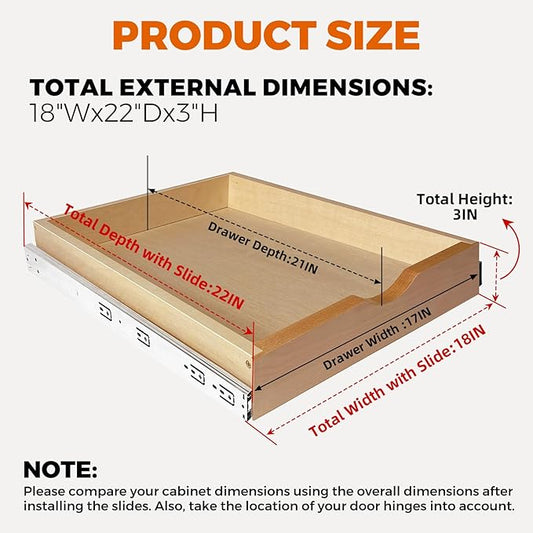 Pull Out Drawers for Cabinet Wood Slide Out Cabinet Organizer and Storage Cabinet Kitchen Drawers Slide Out Shelves Pull Out Shelves in Kitchen Pantry Bathroom with Soft Close 18"W x 22"D x 3"H