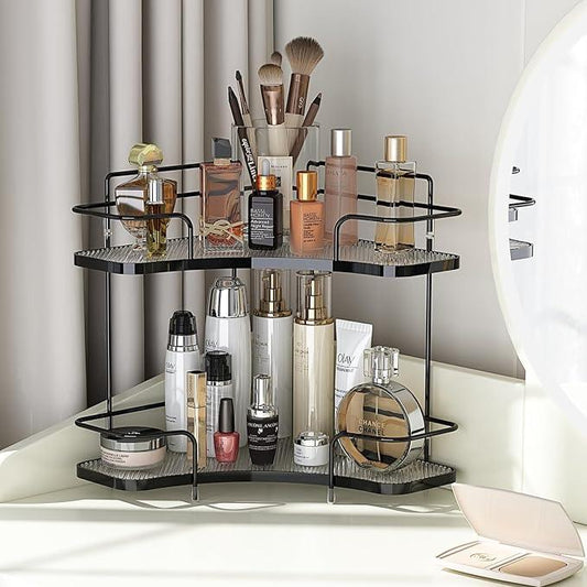 FOLLOWIN 2 Tier Bathroom Countertop Corner Organizer,Countertop Perfume Tray,Vanity Counter Shelf,Skincare Makeup Cosmetic Vanity Organizers,Elegant Black - ModernBath
