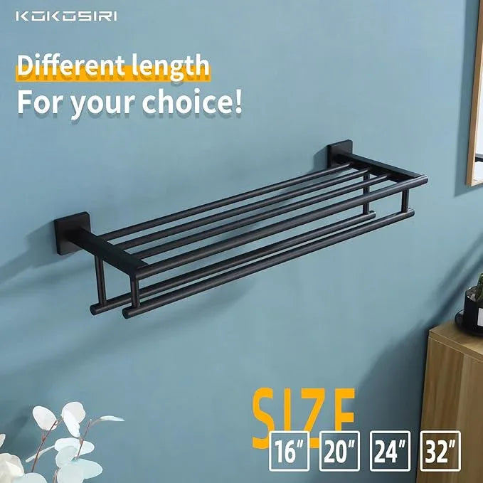 KOKOSIRI Bath Towel Rack with Double Towel Bars Bathroom Towel Shelf 20 Inch Towel Holder Wall Mounted Stainless Steel, Matte Black, B6005BK-L20 - ModernBath
