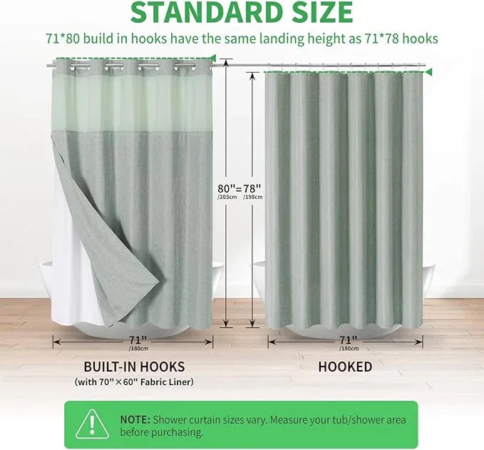 eachope Long No Hooks Needed Linen Textured Shower Curtain with Snap-in Fabric Liner Set,Sage Green Hotel Luxury Decor Shower Curtains for Bathroom,Waterproof & Washable,71Wx80H - ModernBath