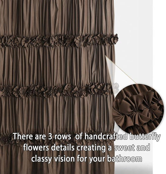 Homechoice Decor Chocolate Ruffle Shower Curtain, Vintage Handcrafted Bow Tie Bath Curtain for Master Bathroom, Ruched Microfiber Bathroom Curtain with 12 Buttonholes, 72" W x 72" H (LQ-10) - ModernBath