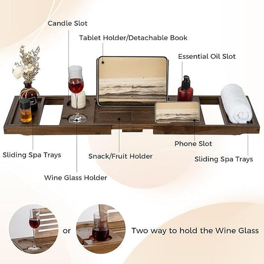 Teak Bathtub Tray - Luxury Bath Tray with Expandable Handles, Wine Glass and Phone Holders, Book Stand - Perfect for Home Spa Relaxation and Reading - Natural Bath Accessories - Dark Walnut Color - ModernBath
