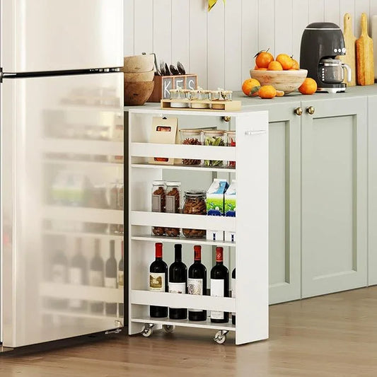 Small Kitchen Cart, 4-Tier Slim Rolling Island w/Handle, Laundry Room Storage Organizers Between Washer and Dryer, Narrow Spice Rack on Wheels Next to Fridge (White, 8'') - ModernBath