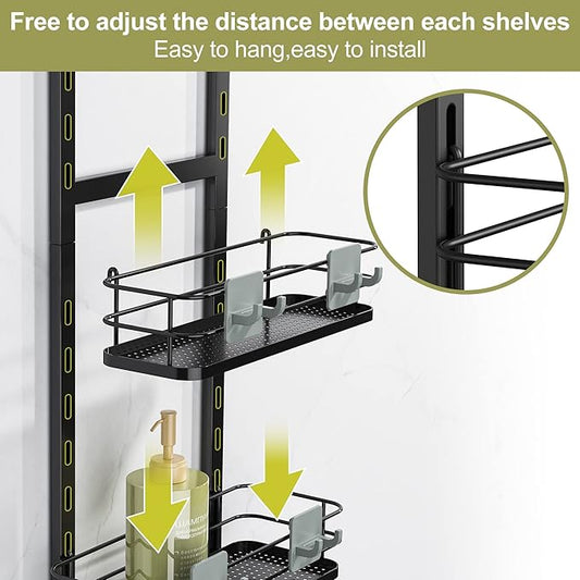 Orimade Adjustable Hanging Over the Shower Door Caddy,Bathroom Organizer Shelf Storage with 4 Hooks for Razor,No Drilling Rustproof Shower Rack Basket, 4 Tier, Matt Black