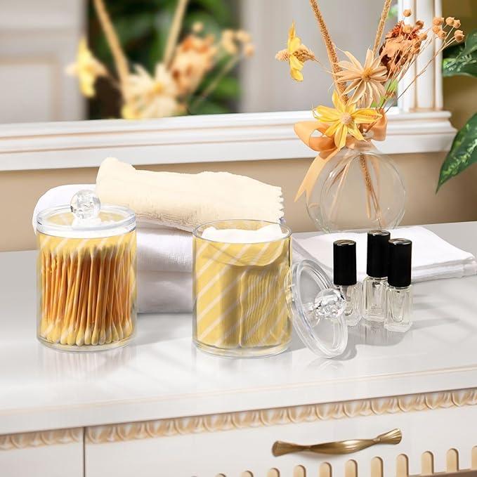 Tatenale Qtip Holder Bathroom Set Q tip Cotton Ball Swab Pad Dispenser Container Organizer Plastic Jars with Lids Storage 2Pack White Diagonal Lines Yellow - ModernBath