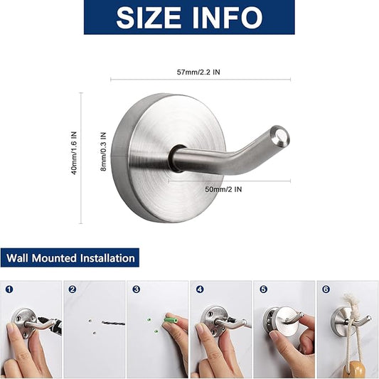 NearMoon Coat Hooks, Wall Mount Hooks for Hanging Hat Hurse Robe, 304 Stainless Steel Heavy Duty Towel Hangers for Bathroom Livingroom Hotel Kitchen Garage, 6 Pack (2 Inch, Brushed Nickel)