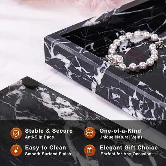 Homaura Marble Bathroom Tray for Countertop & Home Decor, Natural Decorative Marble Tray for Jewelry & Perfume Organizer, Luxury Stone Vanity Trays for Dresser, Kitchen Counter, 12" x 8", Black - ModernBath