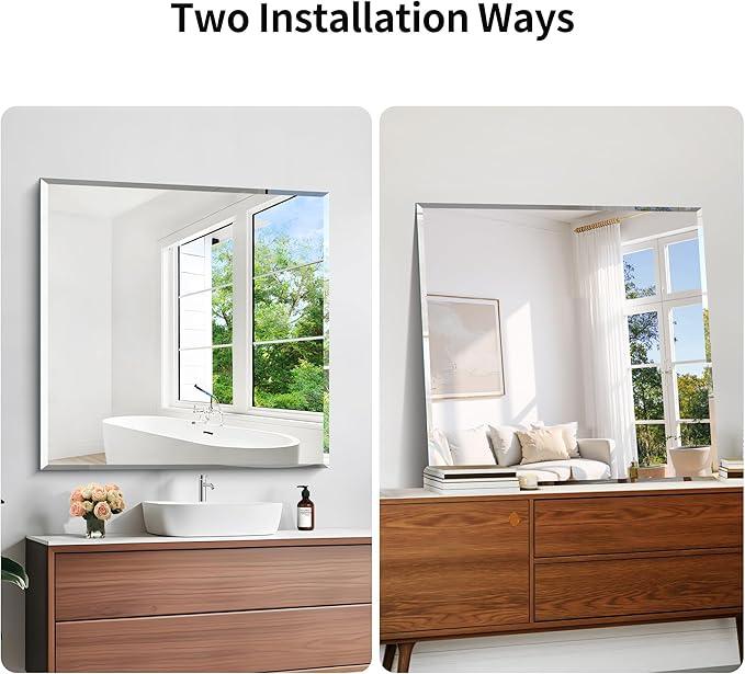 KOCUUY Beveled Mirror, 36x36 Inch Large Frameless Square Bathroom Mirror for Over Sink, Upgraded Shatterproof Beveled Unframed Design Mirror for Bathroom, Bedroom, Hang Horizontal/Vertical - ModernBath