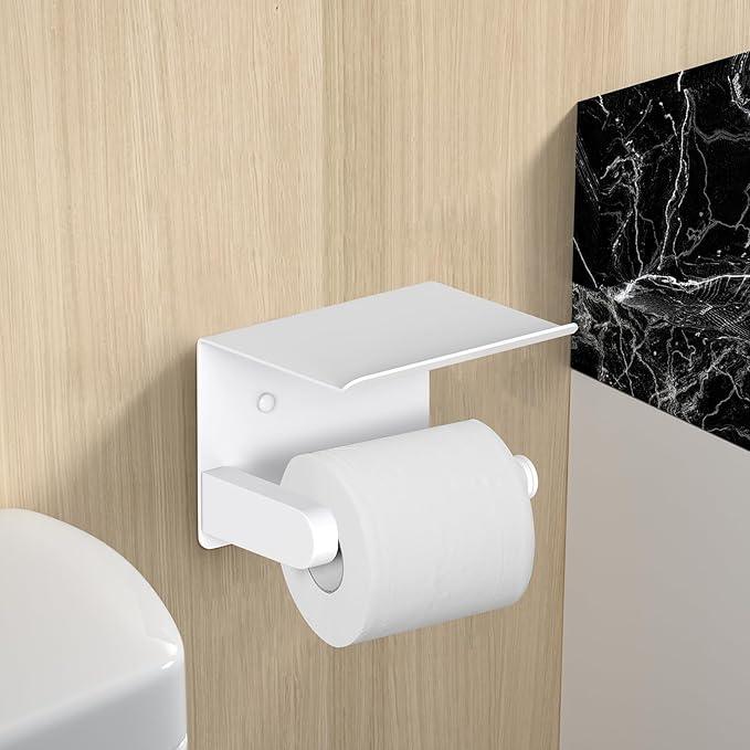VAEHOLD Self Adhesive Toilet Paper Holder with Phone Shelf Stainless Steel Wall Mounted Toilet Paper Roll Holder - Bathroom Washroom Tissue Roll Holder with Storage Shelf - White - ModernBath
