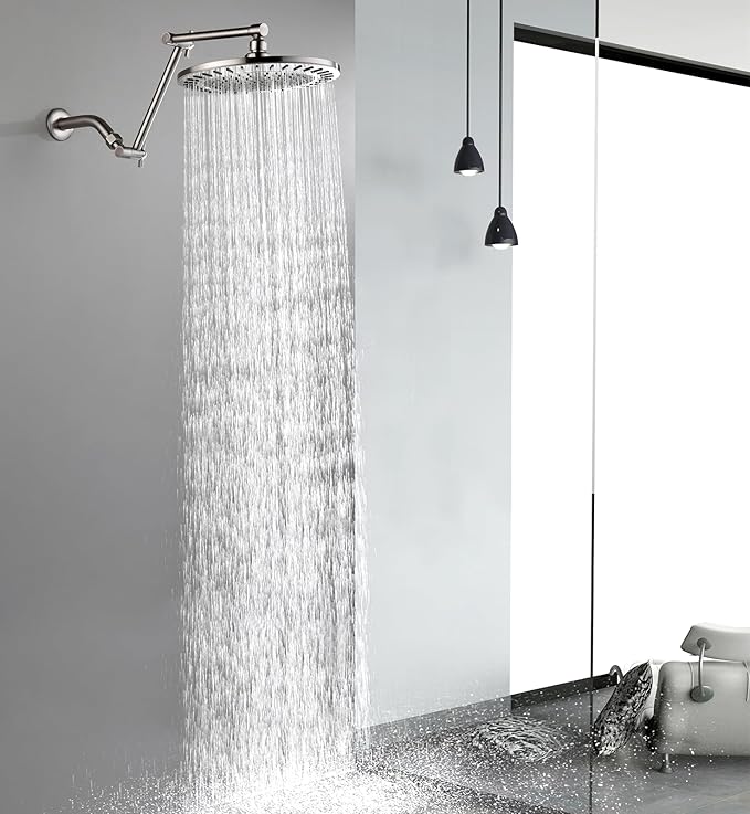 BRIGHT SHOWERS Brass Shower Arm Extender for Rain and Handheld Shower Head, 14 Inch Universal Shower Head Extension Arm, Adjustable Height & Angle, Brushed Nickel