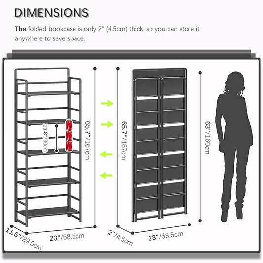 4NM No Assembly 5 Tiers Folding Bookshelf Storage Shelves Vintage Bookcase Standing Racks Study Organizer Home Office (All Black)