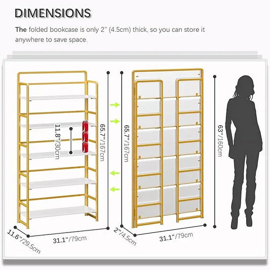 4NM No Assembly Extra Wide 5 Tiers Folding Bookshelf Storage Shelves Vintage Bookcase Standing Racks Study Organizer Home Office (White Gold) - ModernBath