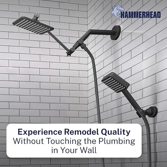 HammerHead® Solid Metal Dual Shower Head Combo — 8" Square Rain Shower Head with Handheld, 12" Adjustable Arm & Wall-Mount Holder for Flexible Installation — Matte Black