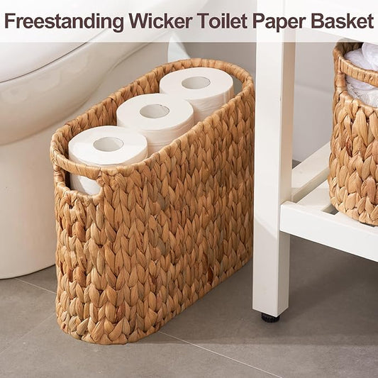 FairyHaus Wicker Toilet Paper Storage Basket with Buit-in Handles, 9 Rolls Natural Water Hyacinth Toilet Paper Holder Stand with Storage, Freestanding Handwoven Toilet Paper Holder Basket for Bathroom