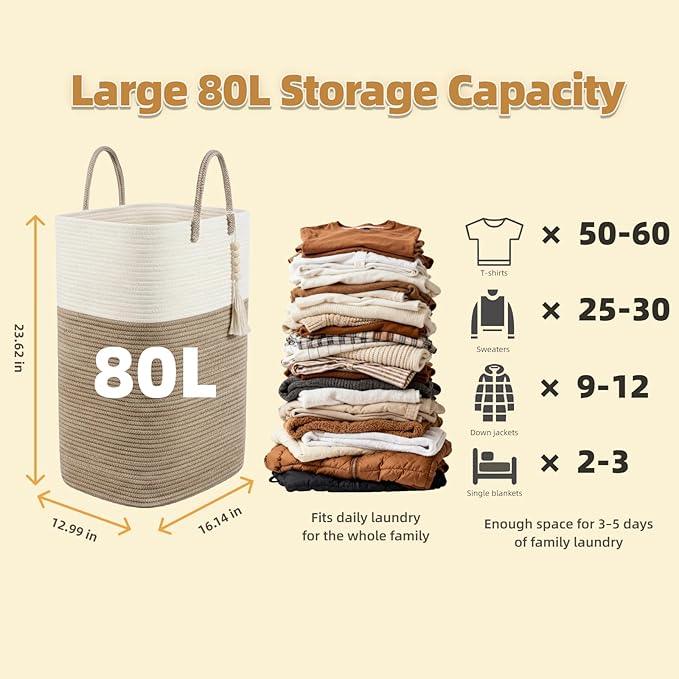 80L Tall Woven Laundry Hamper – Large Foldable Storage Basket with Handles for Clothes, Blankets, Toys, Bathroom, Living Room, Nursery Decor - ModernBath