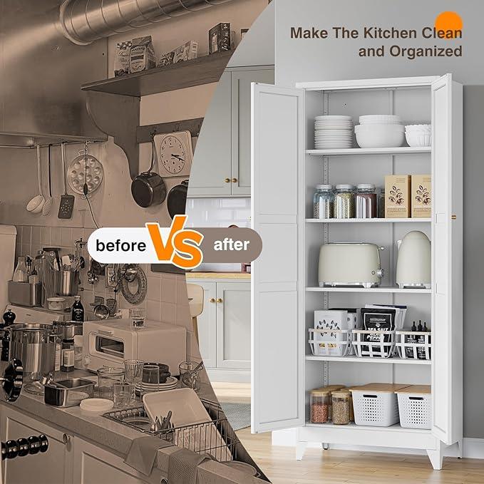 Yizosh Metal Pantry Cabinet, 75" Kitchen Pantry with 2 Door and 4 Adjustable Shelves,White Metal Pantry Storage Cabinet,Cupboard for Kitchen,Dining Room,Living Room and Bathroom - ModernBath