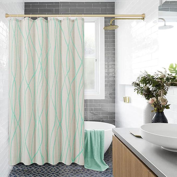 Mint Green Modern Farmhouse Linen Shower Curtain, Country Cottage Bathroom Decor Striped Minimal Boho Textured Linen Shower Curtain Set with Hooks, 72x72 - ModernBath