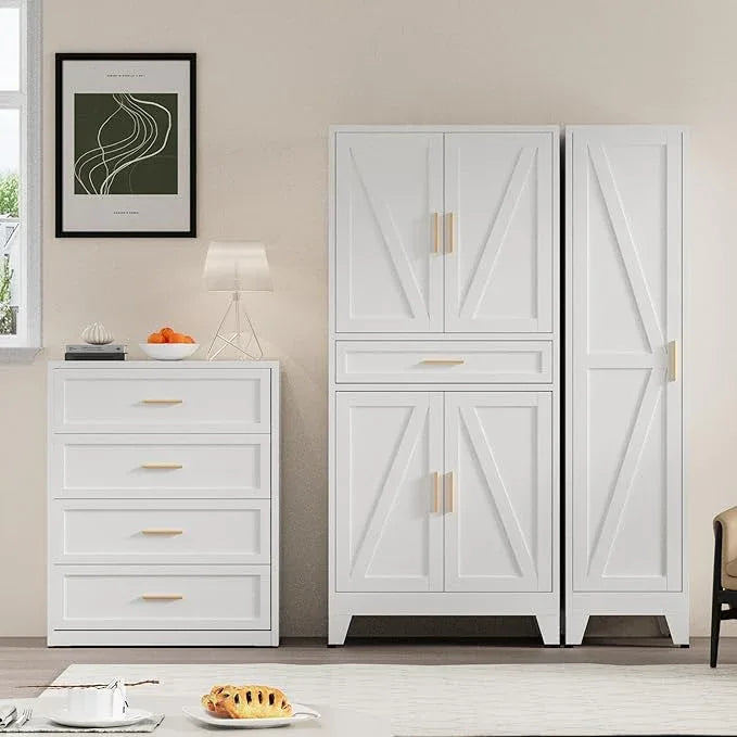 COFaR 71" Tall Kitchen Pantry, Farmhouse Storage Cabinet with Doors and Shelves, Metal Cabinet with Drawers and Legs, for Cupboard/Dining Room/Bathroom/Living Room/Office/Laundry Room (White). - ModernBath