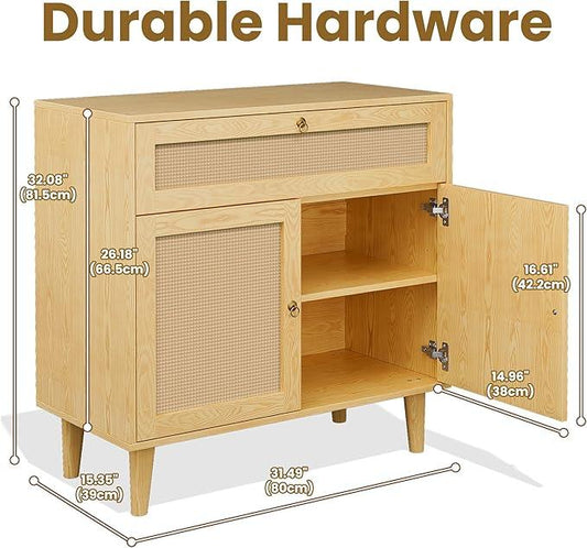 Storage Cabinet with Rattan Decor Doors & Drawer, Modern Bathroom Floor Storage Cabinet Organizer, Freestanding Cupboard for Kitchen/Living Room Use - ModernBath