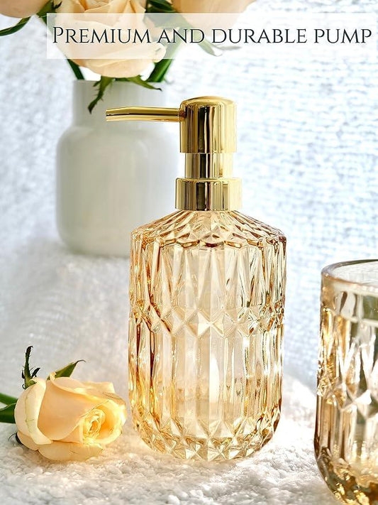 LaMarriti Clear Gold Bathroom Accessorries Set, 5Pcs Glass Bathroom Accessories, Lotion Soap Dispenser, Toothbrush Holder Set, Soap Dish, Tumbler, Qtips Holder for Bathroom Vanity Decor, Yellow Gold - ModernBath