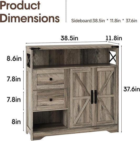 Fameill Farmhouse Storage Cabinet with Drawers and Open Storage,Freestanding Kitchen Pantry with 2 Barn Doors, Floor Cabinet with Adjustable Shelf for Living Room,Grey - ModernBath