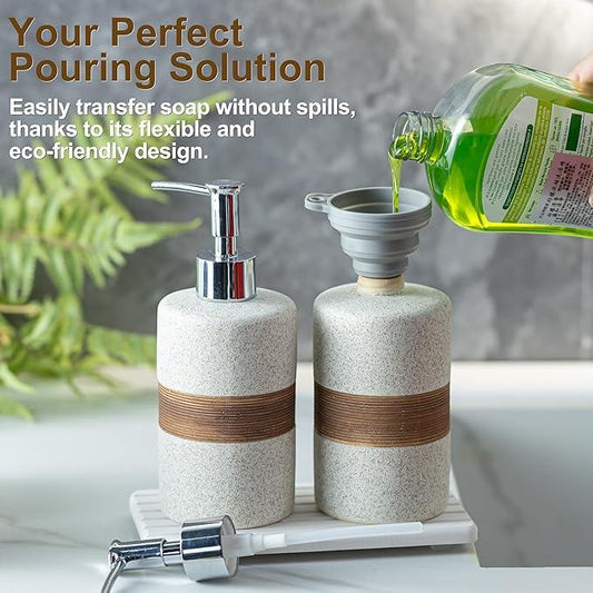 Cormomu 2-Pack Ceramic Soap Dispensers Set, Includes Stainless Steel Pump, Silicone Funnel and Diatomaceous Tray, Hand Soap, Dish Soap, Shampoo and Conditioner Dispenser for Bathroom & Washroom, White - ModernBath