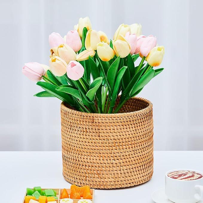 2 Pcs Mini Rattan Bathroom Trash Can Handmade Wicker Waste Basket Small Cylinder Storage Table Baskets for Bathroom Home Bedroom Kitchen Storage Office Desktop Essential - ModernBath