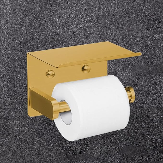 VAEHOLD Self Adhesive Toilet Paper Holder with Phone Shelf Stainless Steel Wall Mounted Toilet Paper Roll Holder - Rustproof and Bathroom Washroom Tissue Roll Holder with Storage Shelf - Gold