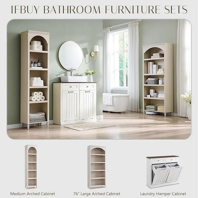 76" Tall Arched Bathroom Storage Cabinet, 5 Tiers Narrow Farmhouse Arched Cabinet w/Adjustable Shelves, Modern Wooden Storage Cabinet for Bathroom, Living Room, Entryway, Study Room (Cream) - ModernBath