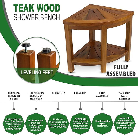 TeakCraft Teak Corner Shower Bench Seat for Bathroom - Waterproof Shower Stool - Fully Assembled, The Saga