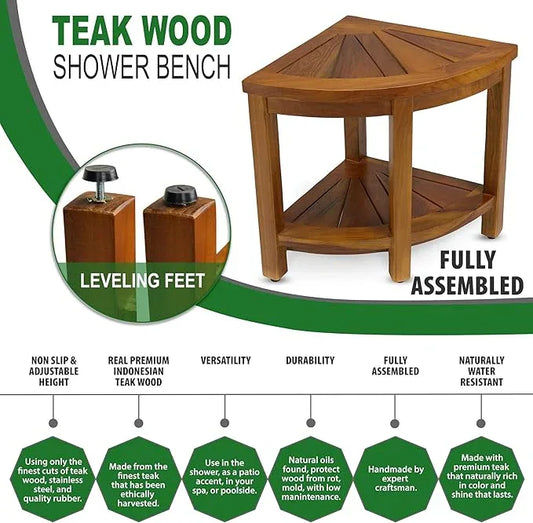 TeakCraft Teak Corner Shower Bench Seat for Bathroom - Waterproof Shower Stool - Fully Assembled, The Saga - ModernBath