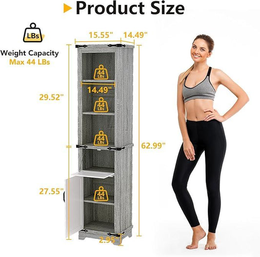 63 Inch Tall Corner Cabinet, Modern Corner Storage Cabinet with Door & Adjustable Shelves & Drawers, Anti-Tipping Free Standing Linen Tower for Bedroom, Bathroom, Kitchen, Pantry (Grey) - ModernBath