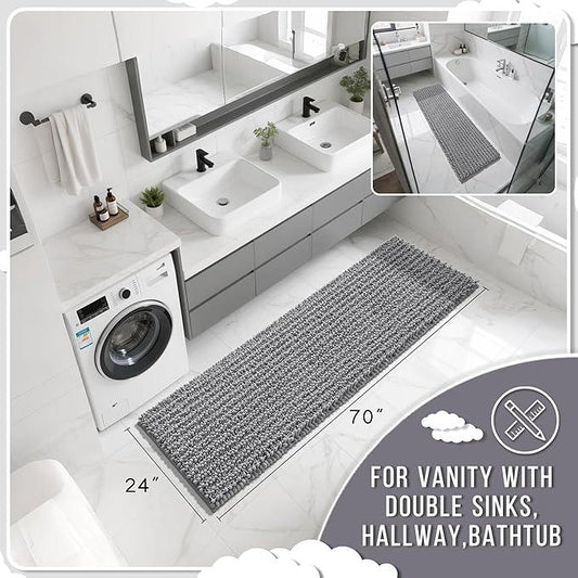 Yimobra Bathroom Runner Rug 70x24 Inch - Extra Long Non Slip Chenille Bath Mat, Soft & Absorbent, Machine Washable Shaggy Hallway Carpet for Vanity Tub Shower, Gray Home Decor Accessories - ModernBath