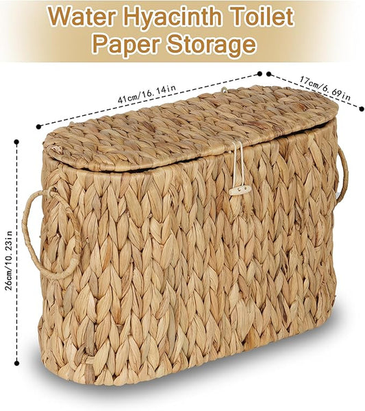 efluky Toilet Paper Storage Basket, Water Hyacinth Slim Toilet Paper Holder with Lid- Holds Up to 9 Mega Rolls, Home Bathroom Decor Organizer