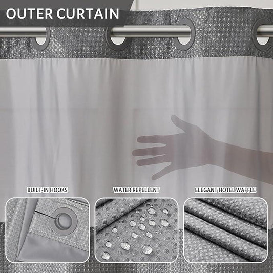 Furlinic No Hook Shower Curtain with Snap in Fabric Liner Set,Waffle Weave Heavy Duty Bathroom Curtain with See Through Window,Waterproof & Machine Washable,Hotel Style,Light Grey,71x72 Inch - ModernBath