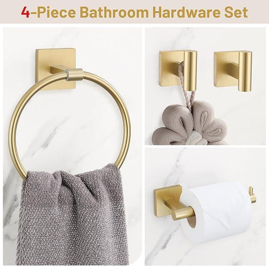 Towel Ring Set 4 Piece Bathroom Hardware Set Includes Towel Ring 2 Towel Hooks and Toilet Paper Holder Stainless Steel Wall Mounted (Brushed Gold) - ModernBath