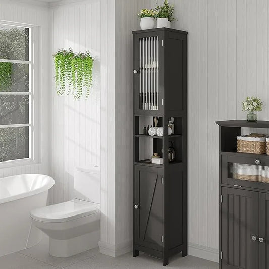 ChooChoo Tall Bathroom Storage Cabinet with Light,5-Tier Narrow Bathroom Cabinet with 2 Doors, Slim Storage Linen Cabinet Freestanding with Adjustable Shelves for Space Saving, Black - ModernBath